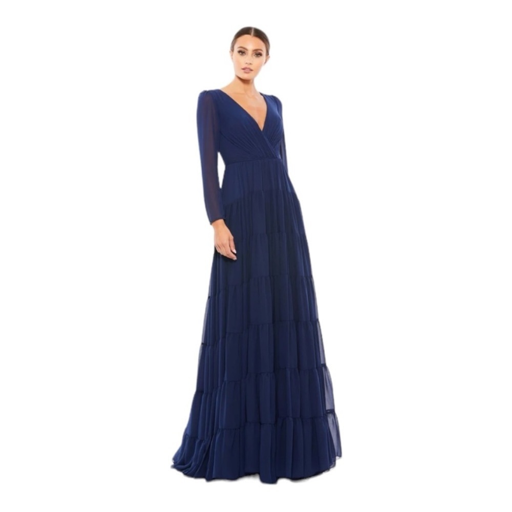 Mac Duggal Faux Wrap Illusion Long Sleeve Tiered Gown in Midnight NWT 55311